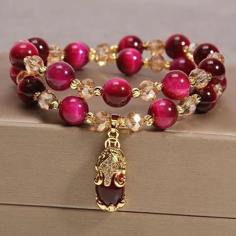 Handmade Tigereye Vanves stone crystal bracelet with leather detailing in rose red or green fox colours