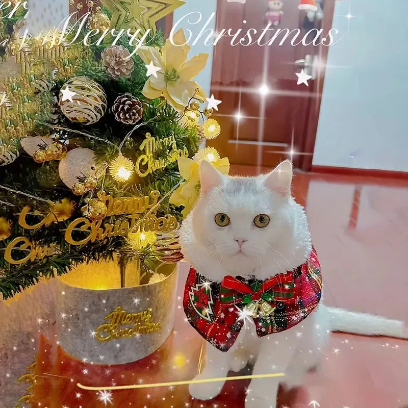 Polyester pet scarf for cats and dogs in festive snowflake and bell designs with red and blue backgrounds