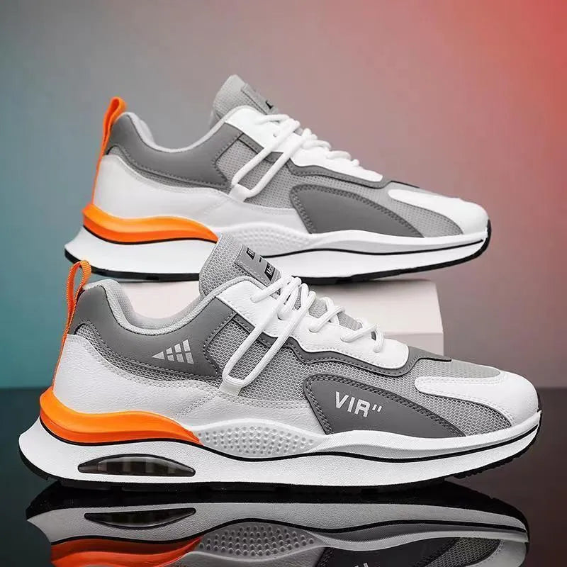 Men's grey and black mesh running shoes with round toe and EVA sole