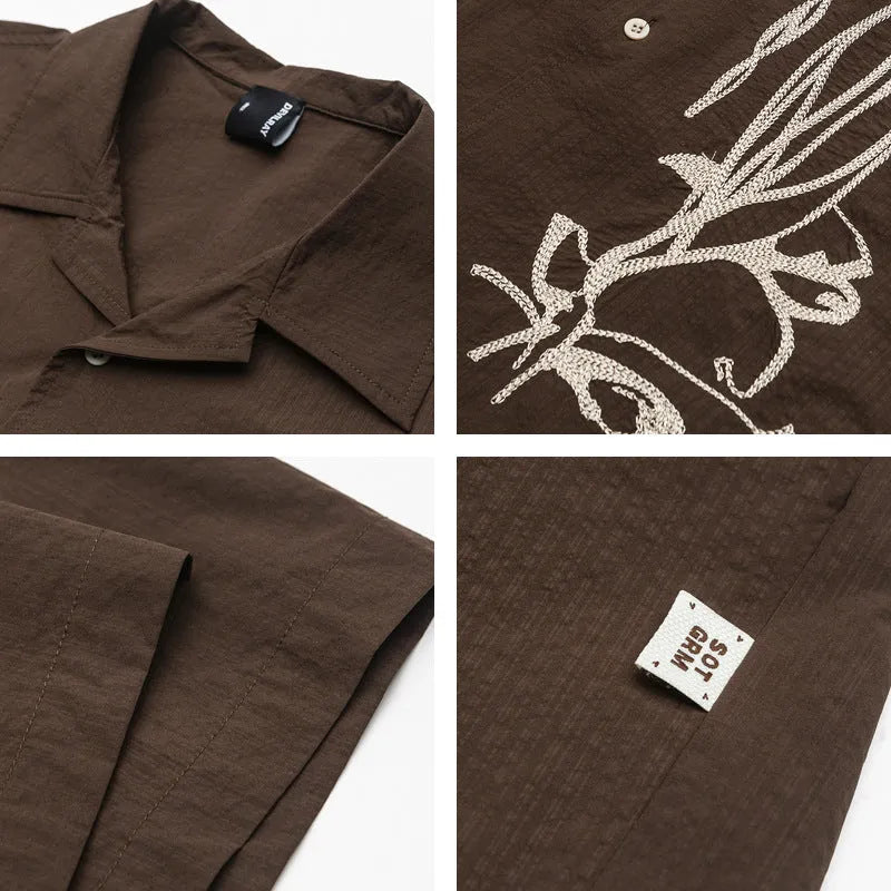 Brown striped Cuban collar short sleeve shirt for outdoor activities