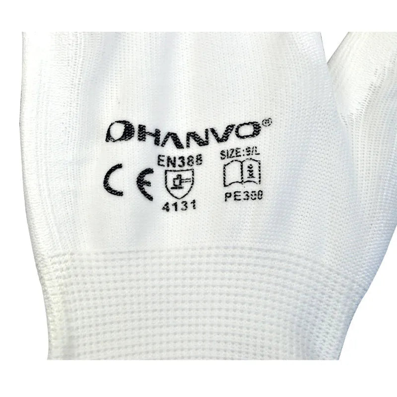 White PU coated work gloves with cotton lining showing palm texture and wrist area