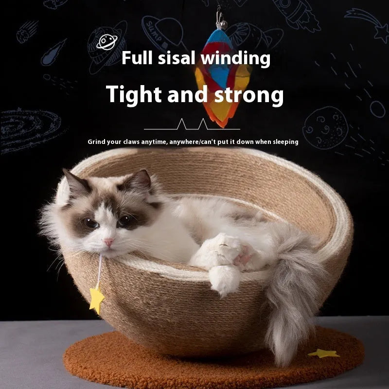 Large cat scratching basin with integrated nest bed showing sisal scratching surface and flannel interior