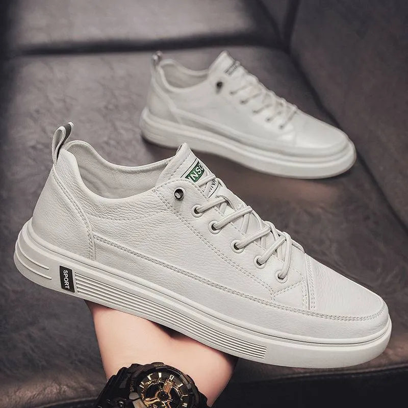 Men's beige casual flat shoes with round toe and low heel on a white background