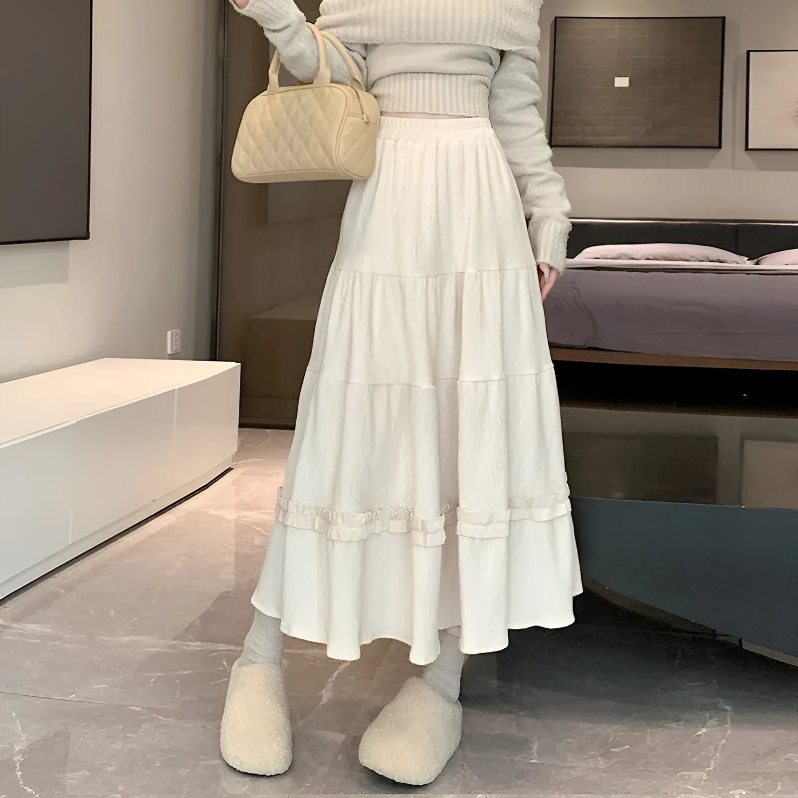 Women's beige corduroy A-line midi skirt with elastic waistband Korean style solid colour