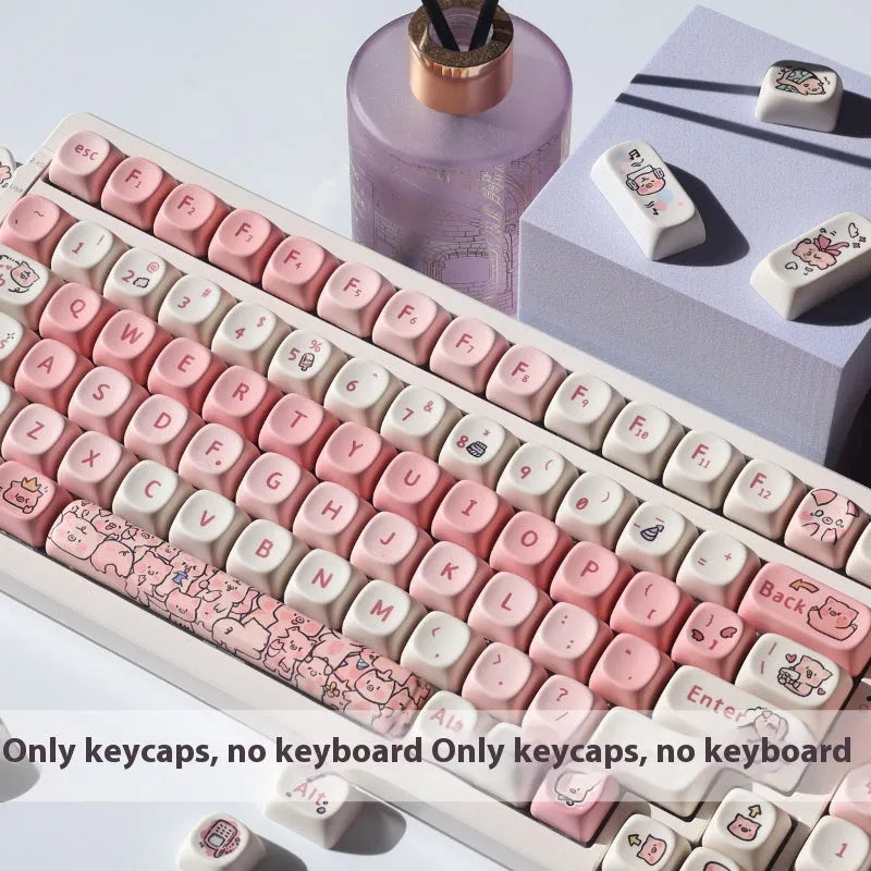 Close up of pink fragrant pig PBT keycap with MOA height profile showing five-sided sublimation design