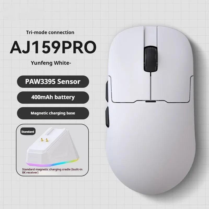 AJ159 triple-mode gaming mouse in Yunfeng White colour on a mousepad, showing its small-medium size and sleek design.