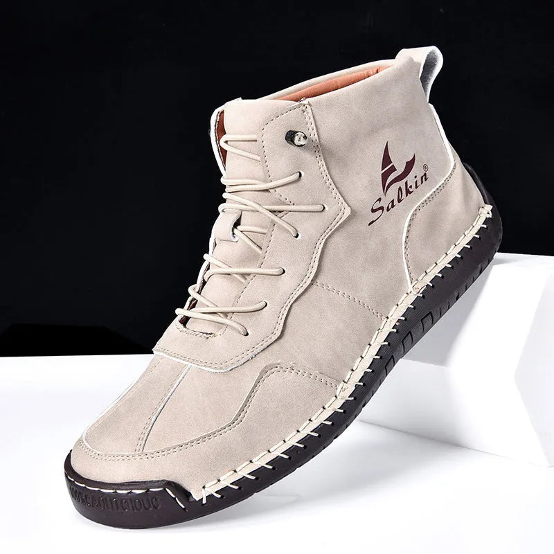 Men's high-top casual boots in artificial PU leather with elastic band and round toe design