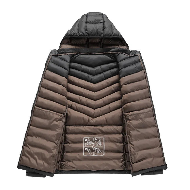 Man wearing a solid colour lightweight hooded down jacket with a detachable collar and zipper pockets.