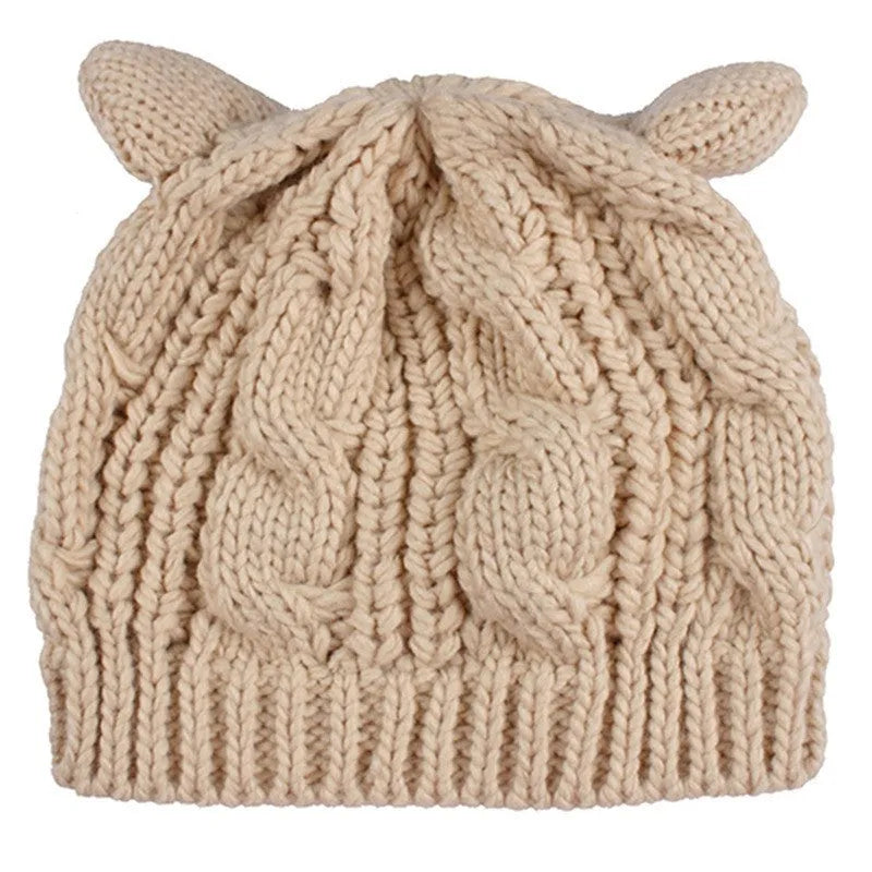 Hand made 3D cat ear knitted wool beanie in winter colours on head model