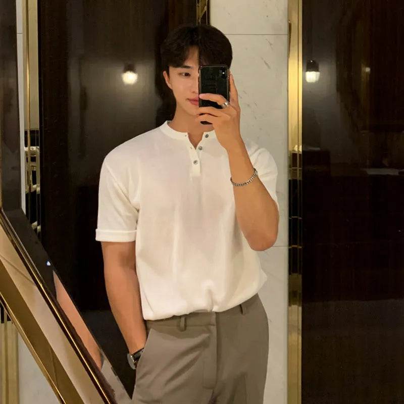 Men's black slim-fit ice silk knitted short-sleeve pullover shirt on a hanger.