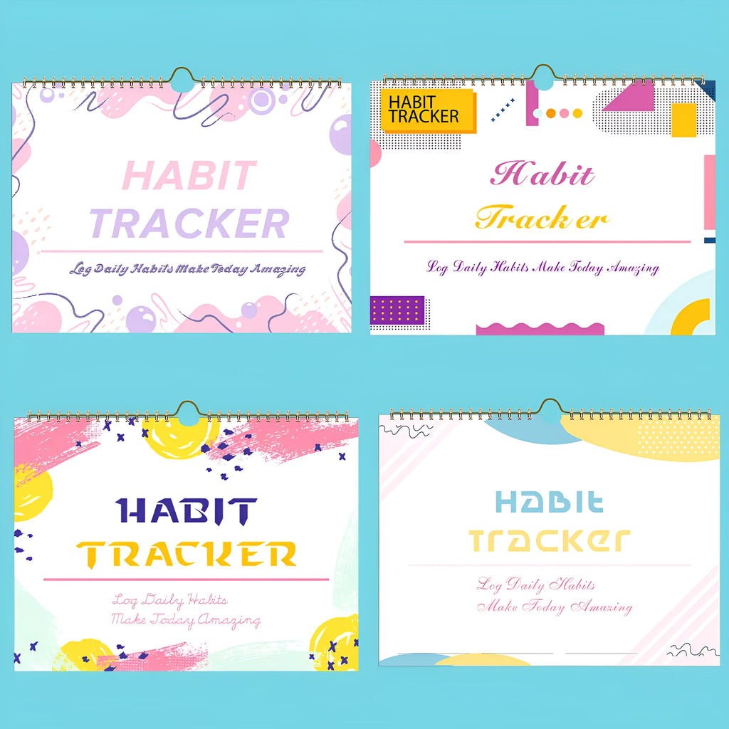 Habit tracking journal notebook open showing planning pages with colour options