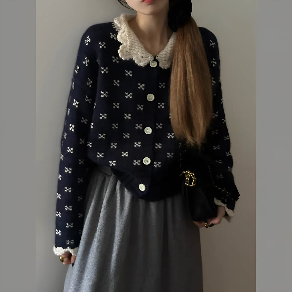 Retro Peter Pan collar knitted cardigan coat with flower pattern in Japanese Korean casual style