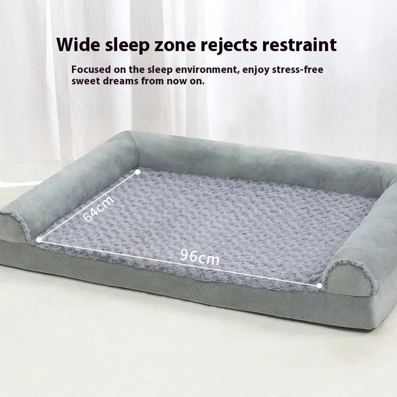 Grey cloth dog kennel for medium to large dogs showing three size options for indoor pet use
