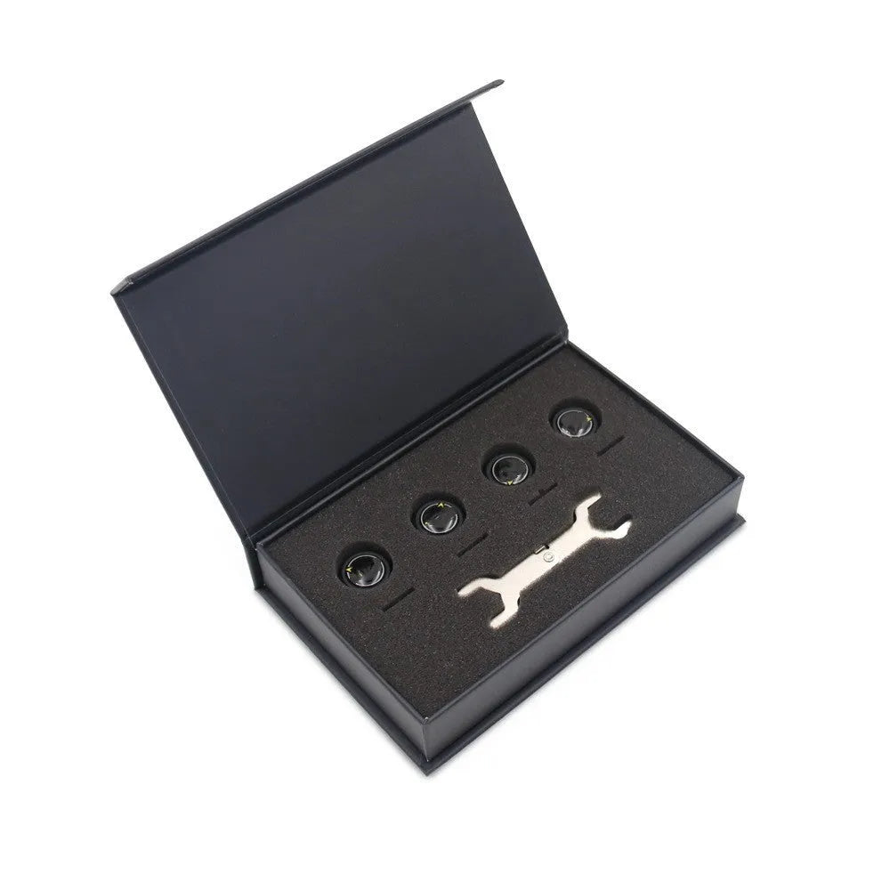 Bluetooth tyre pressure monitor set with four external sensors, wrench, and anti-theft screws