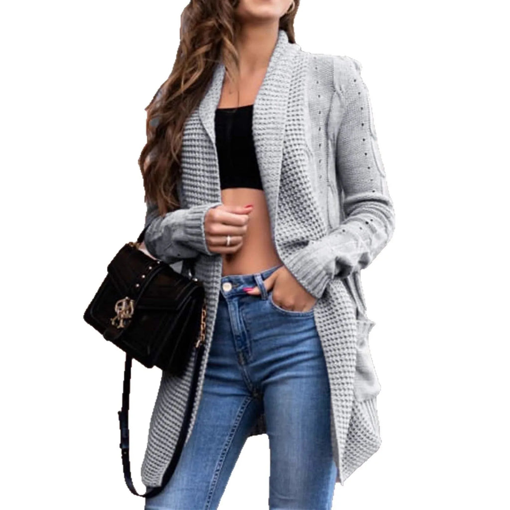 Grey women's loose cardigan coat with front pockets and medium length
