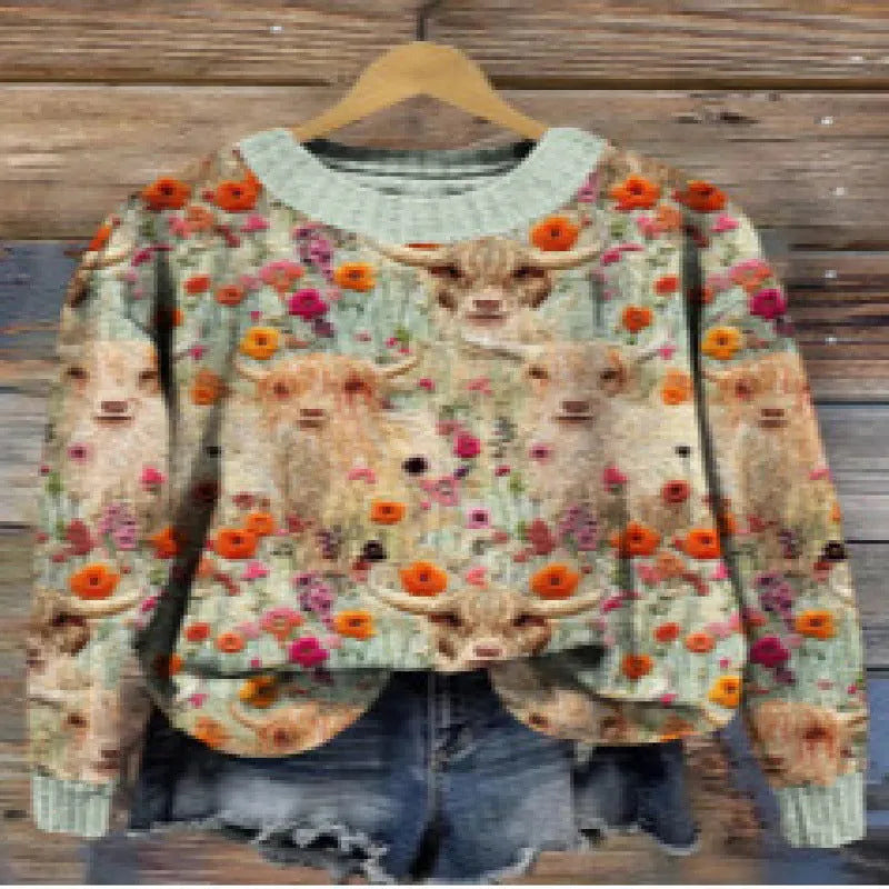 Little Flower digital printed round neck sweater with floral pattern in polyester fibre