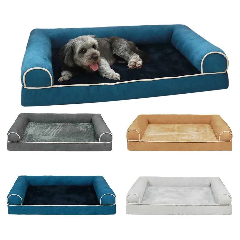 A square cloth-covered dog bed with sponge filling, shown in a blue colour.