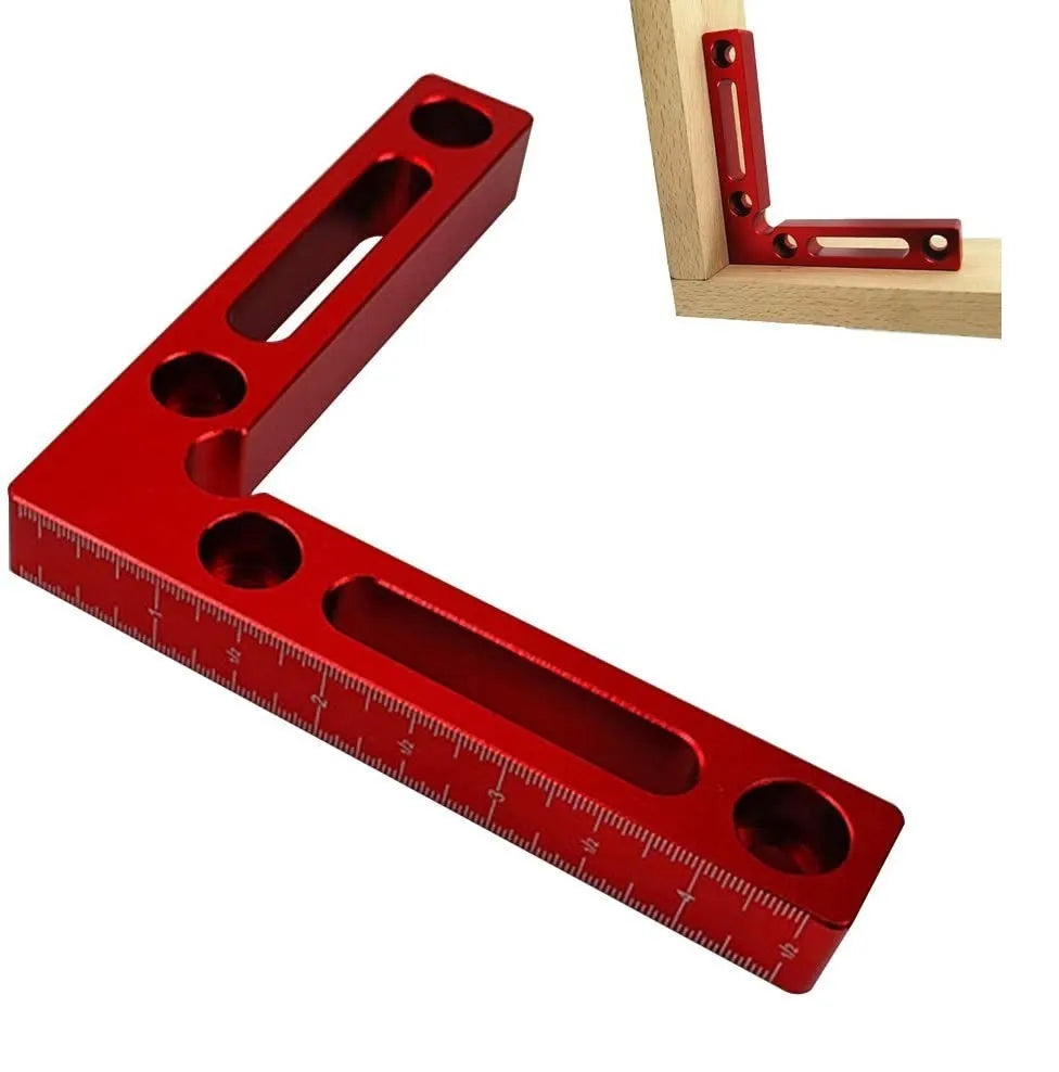 Aluminium right angle positioning block for woodworking with measurement scales