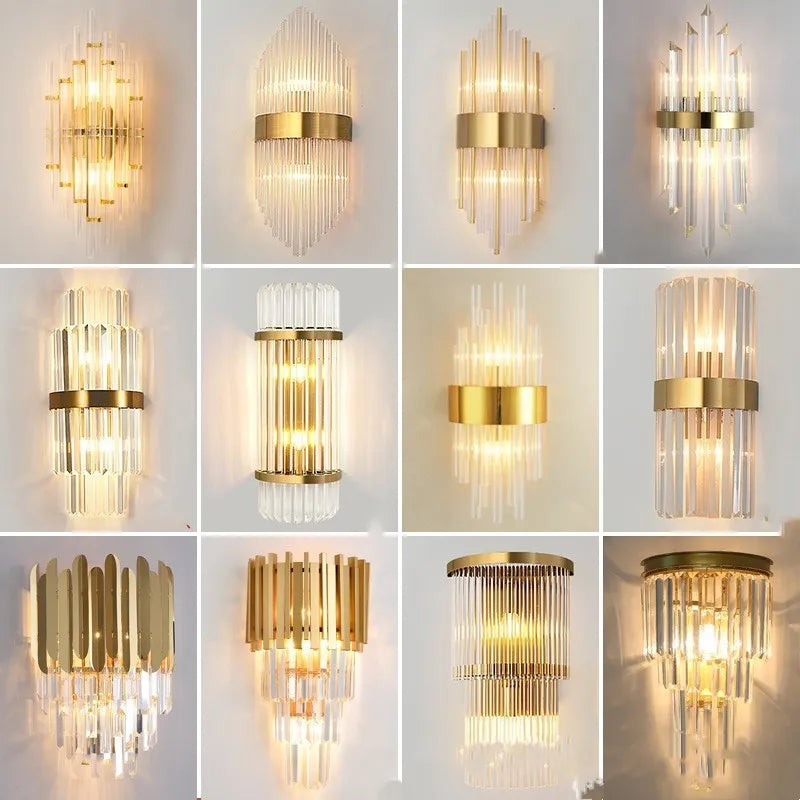 Modern wall lamp with crystal petal shade in titanium gold or black metal finish