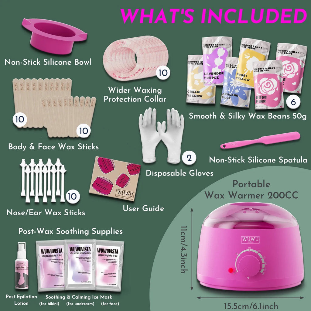 WUWUVISTA black or pink 200cc wax warmer with wax beads, applicators, and aftercare products for home hair removal
