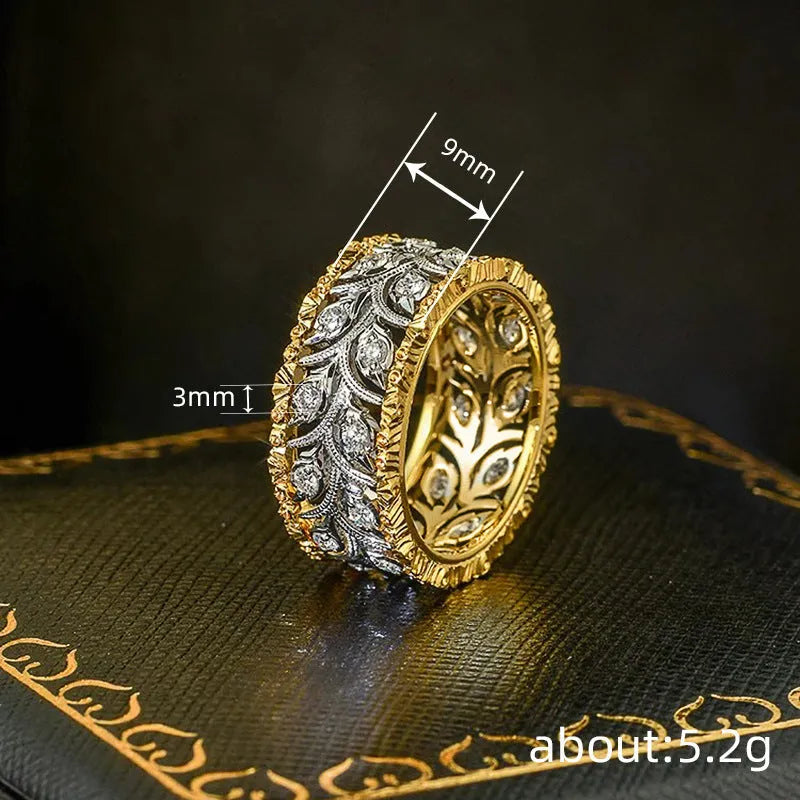 Two-tone wheat leaf ring with inlaid zircon, unisex copper band in gold and silver, sizes No 6 to No 10