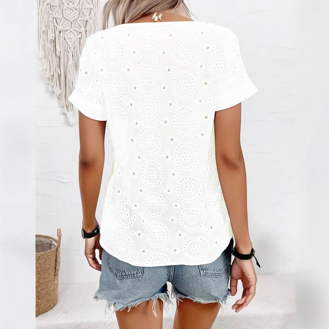 White women's V-neck T-shirt with hollow out design detail and short sleeves