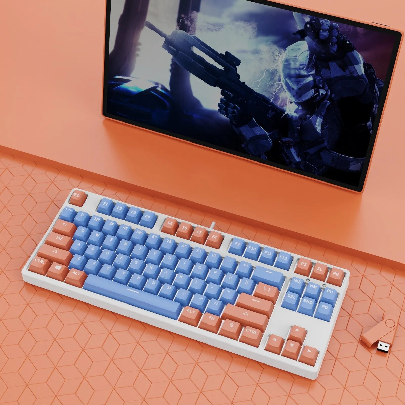 87-key wired mechanical keyboard with two-tone keycaps in orange and yellow colour combination