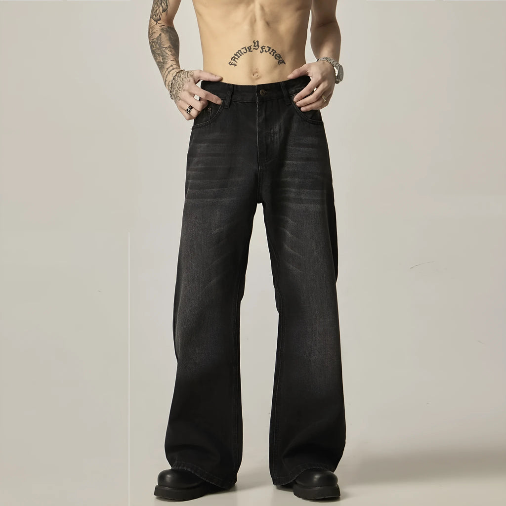 American retro black loose straight jeans with zipper fly on size chart