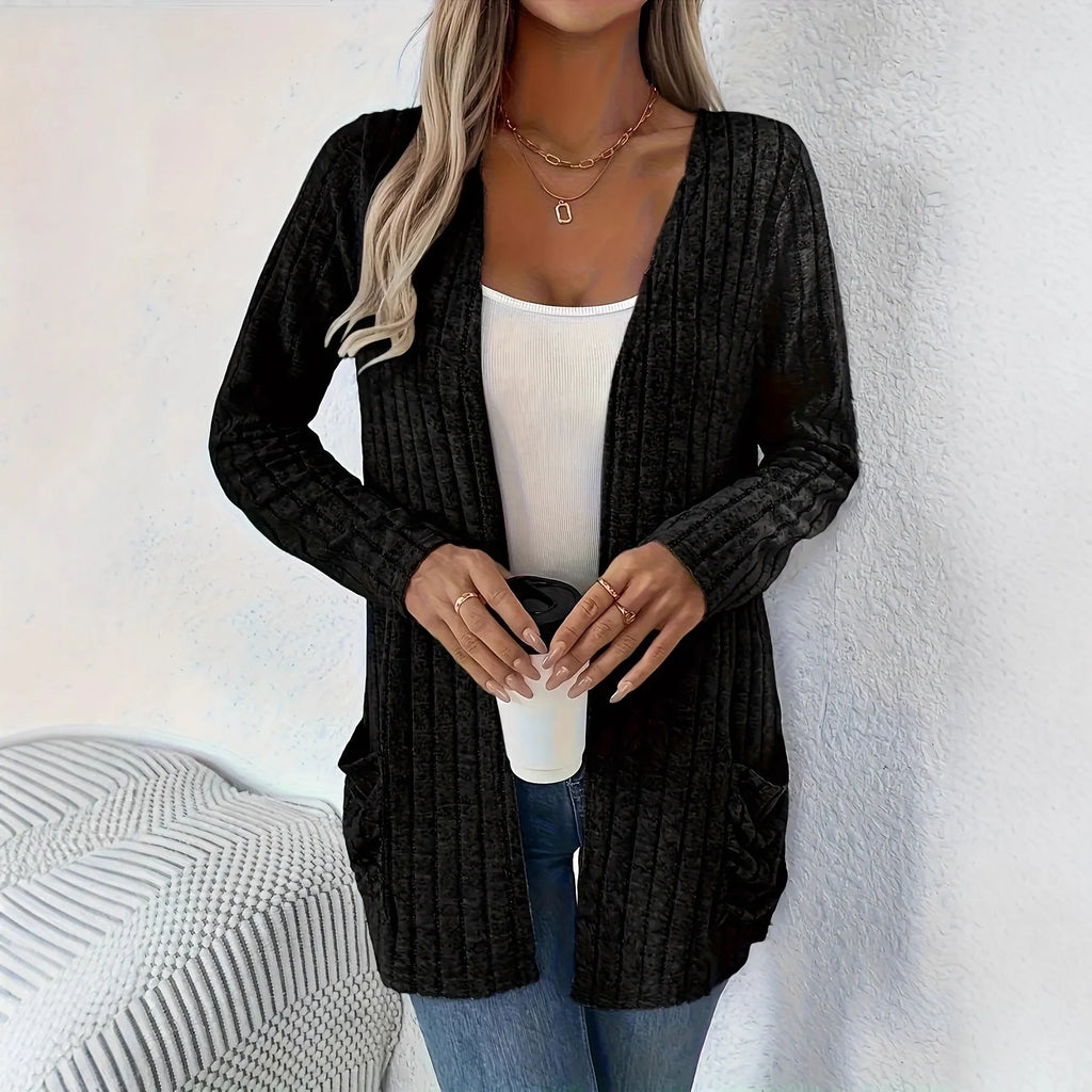 Loose fit solid colour cardigan with long sleeves and pocket in black or grey