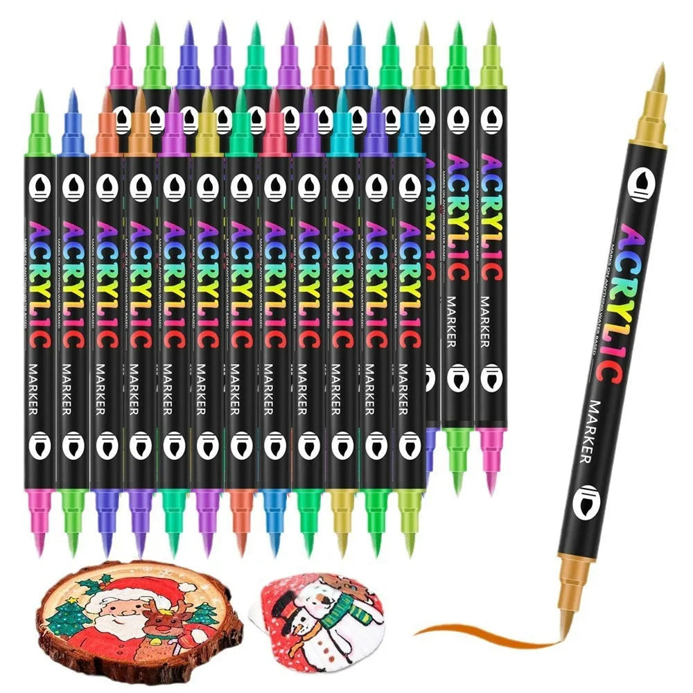 Set of double-headed acrylic marker pens showing fine and broad tips with opaque washable colours