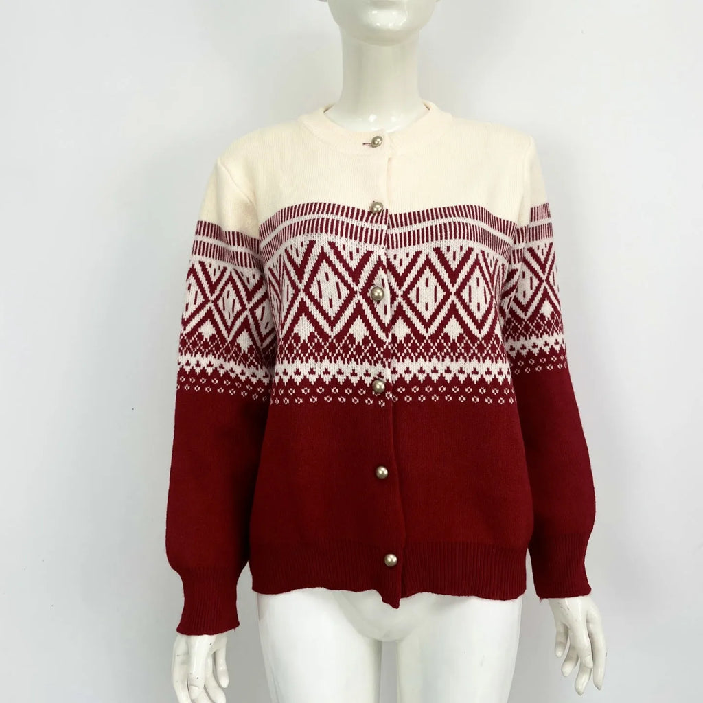 Long-sleeved red alpaca wool cardigan with a colourful diamond knit pattern