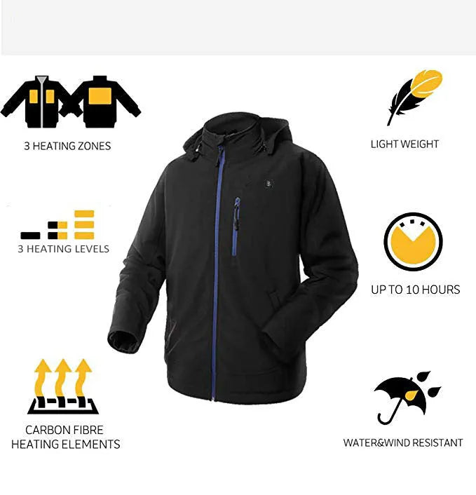 Black men's waterproof winter coat with thermal lining showing long sleeves and straight hem design