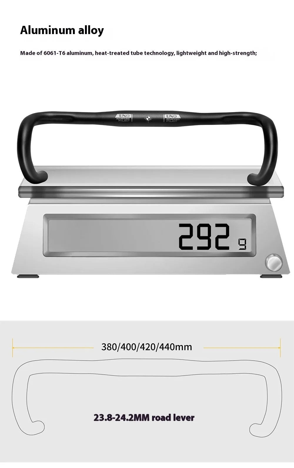 UNO black aluminium alloy road bike drop handlebar with 31.8mm clamp, showing small bend design