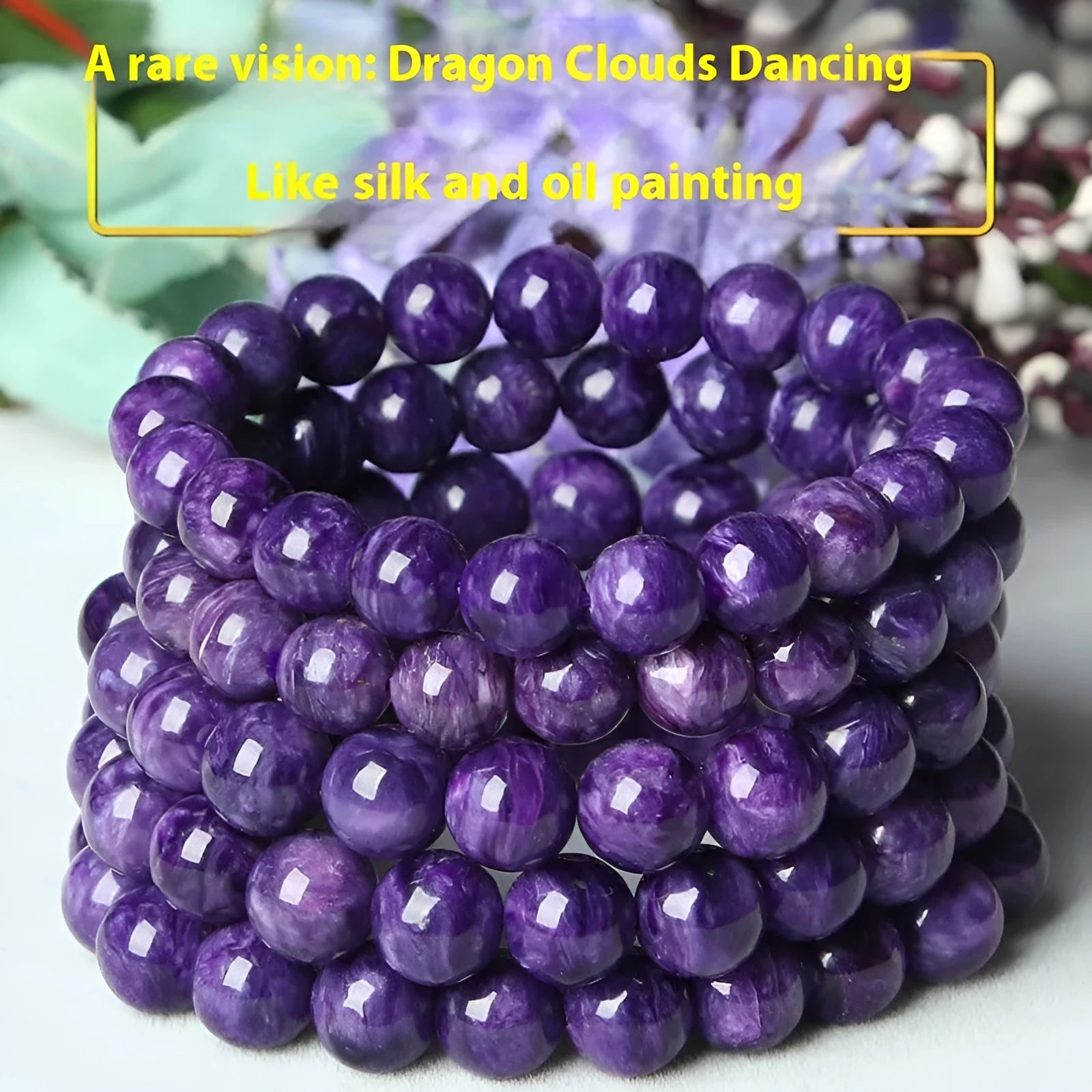 Natural transparent charoite crystal bracelet on platinum thread, showing different bead size options.