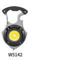 Compact silver and black multifunctional keychain flashlight with keyring, COB LED panel, and window breaker tool.
