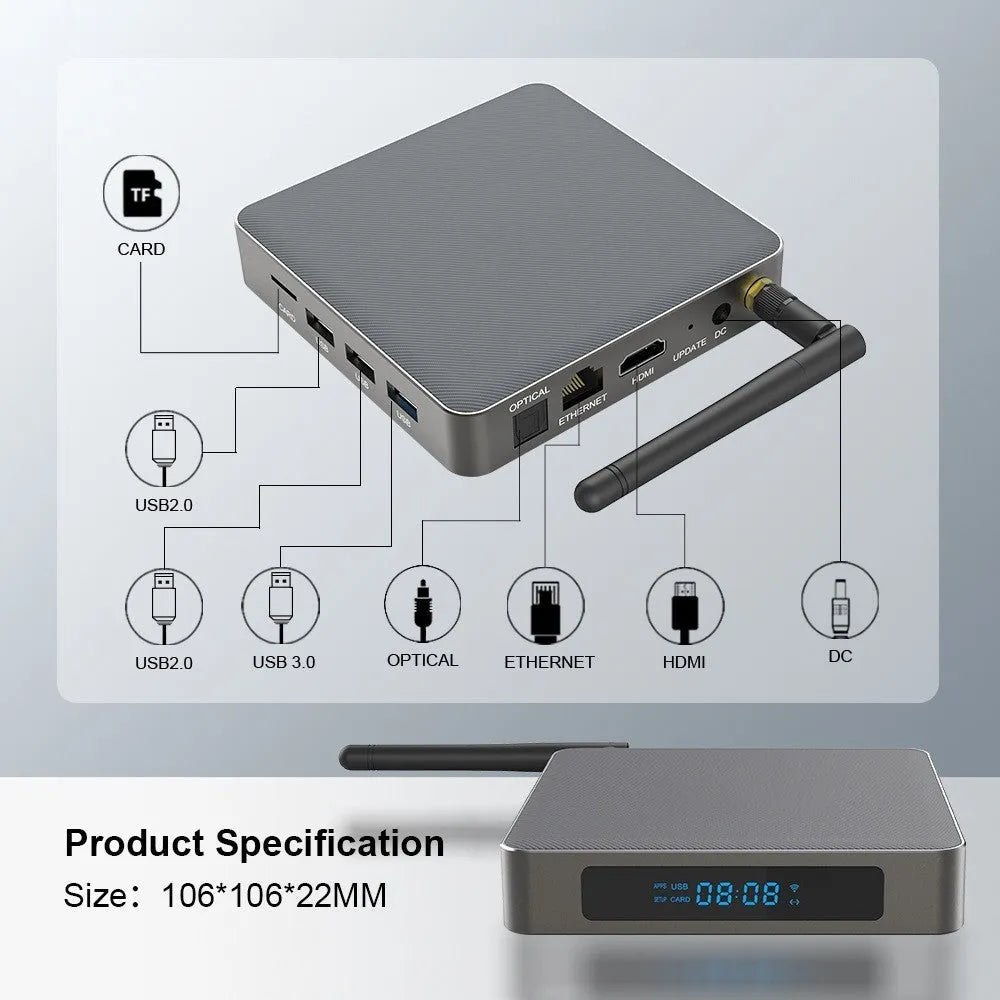 Android 8K set-top box with HDMI port and RK3566 processor for high-definition media playback