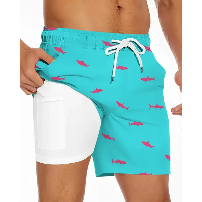 Men's loose fit summer beach pants in polyester fabric showing sports style design
