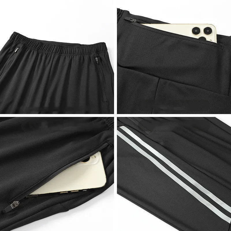 Men's mid waist running trousers in black and navy blue colours with polyester breathable fabric