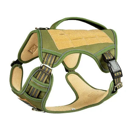 Search and rescue patrol working dog wearing tactical chest strap harness in olive green Oxford cloth