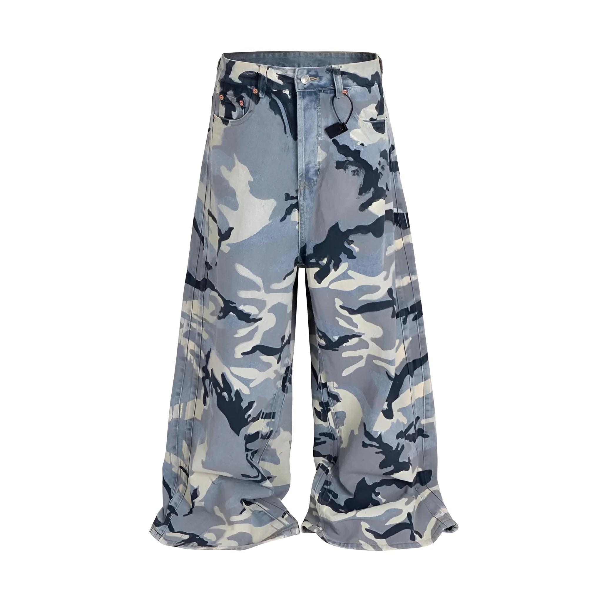 Snow camouflage blue loose-fit denim jeans on a mid-waist mannequin, showing the trousers length and camouflage pattern.