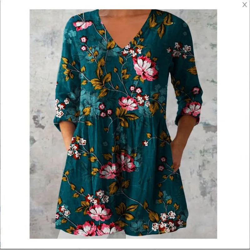 Women's printed loose dress with wave pattern, wide waistband, and 3/4 sleeves in polyester fabric