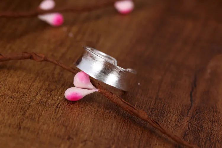 Korean frosted sterling silver adjustable open ring with geometric design on finger