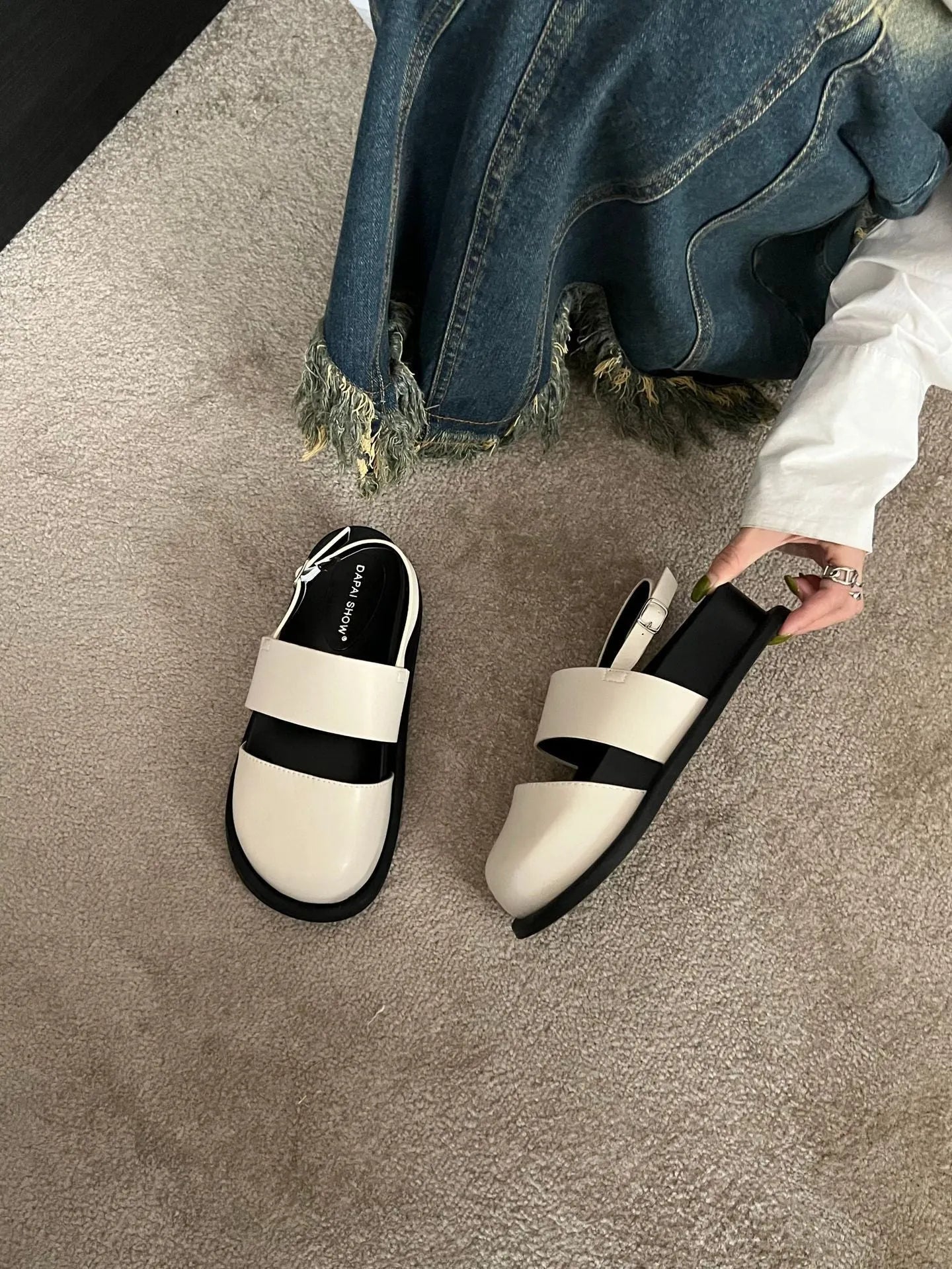 Korean retro sandals with closed toe design and adjustable ankle strap buckle in microfiber material