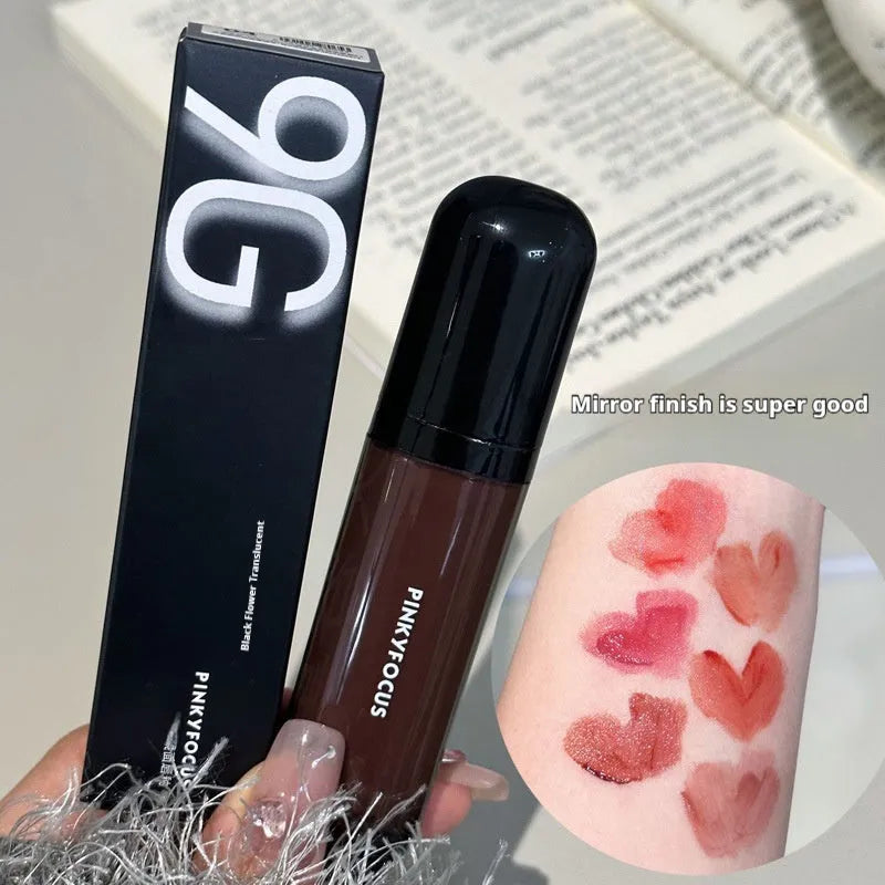 Black Shiny Makeup Mirror Lip Lacquer in six colour options including tomato, orange brown, and rose.