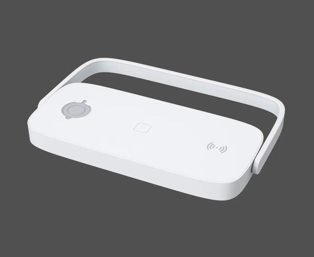 White wireless charging night light phone holder with QC3.0, 2A output, USB input, and charging bracket