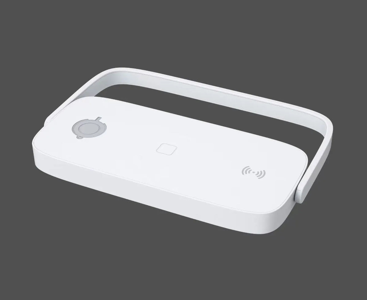 White wireless charging night light phone holder with QC3.0, 2A output, USB input, and charging bracket