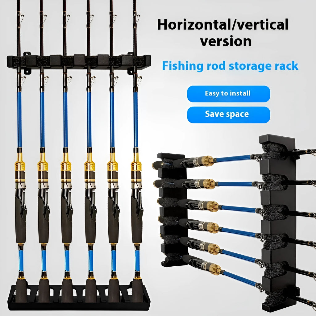 Black ABS plastic wall-mounted fishing rod display stand with horizontal and upright frame options