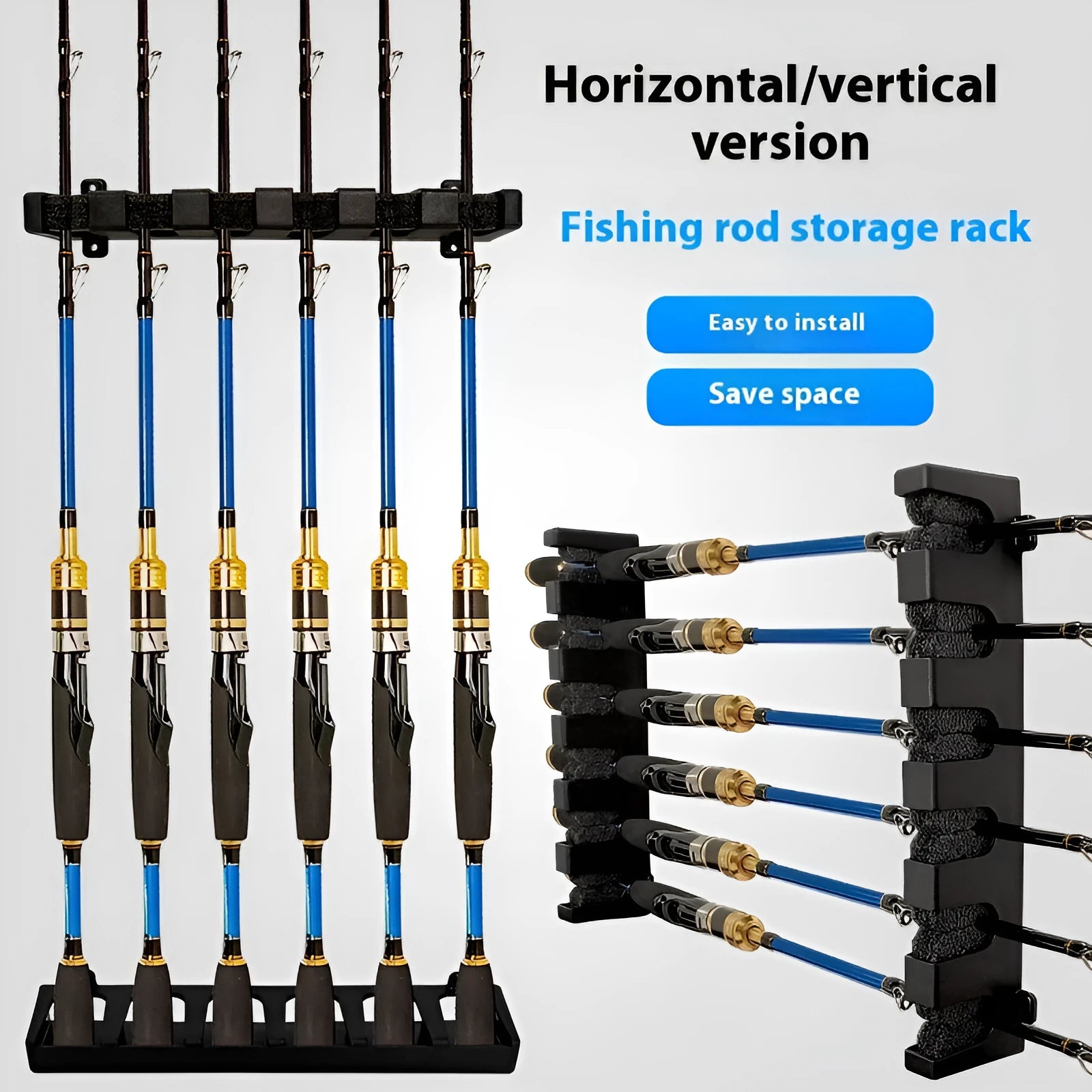 Black ABS plastic wall-mounted fishing rod display stand with horizontal and upright frame options