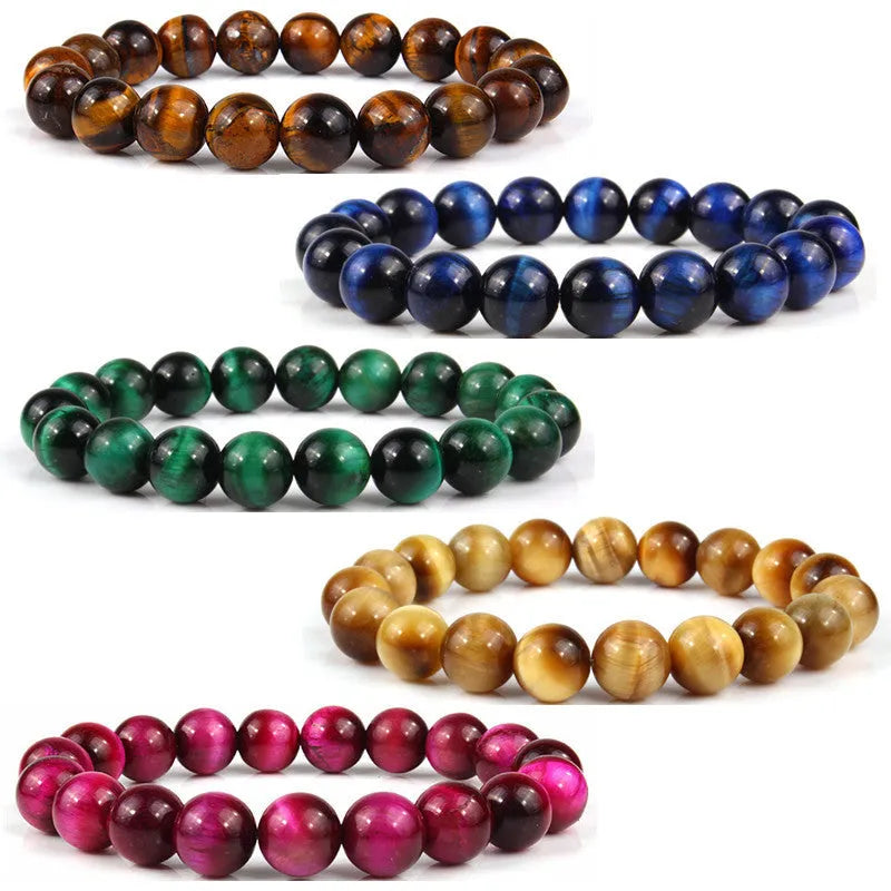 Natural tiger eye crystal beaded bracelet showing round beads in a choice of colours and sizes.