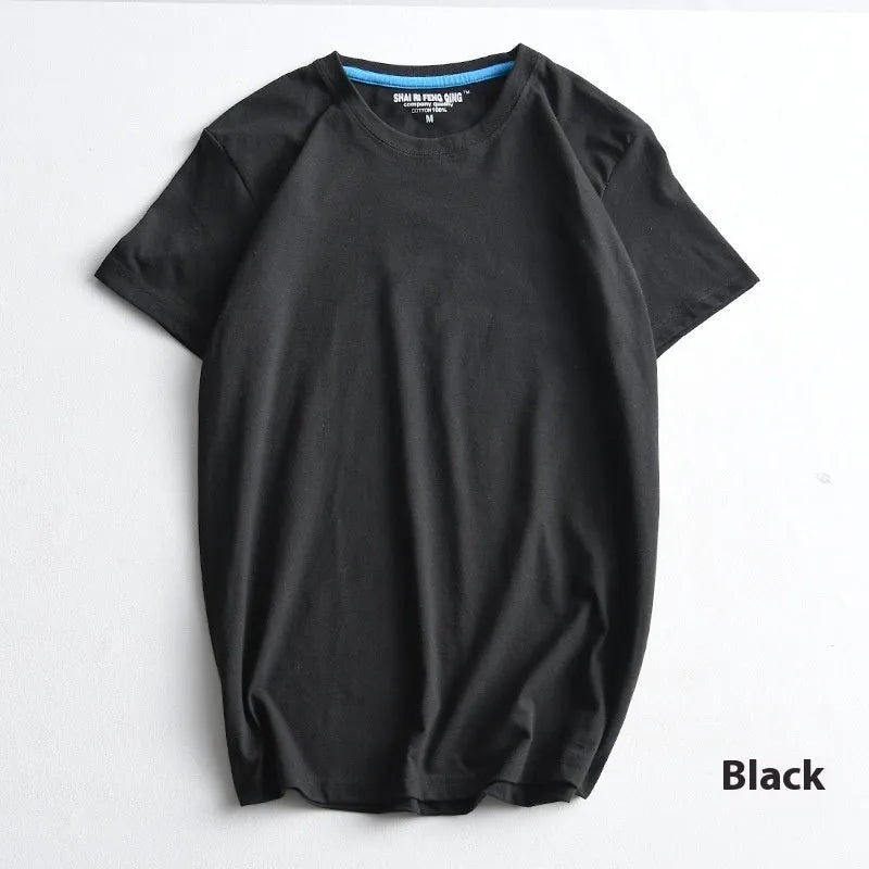 Men's solid colour combed cotton round neck T-shirt on a hanger